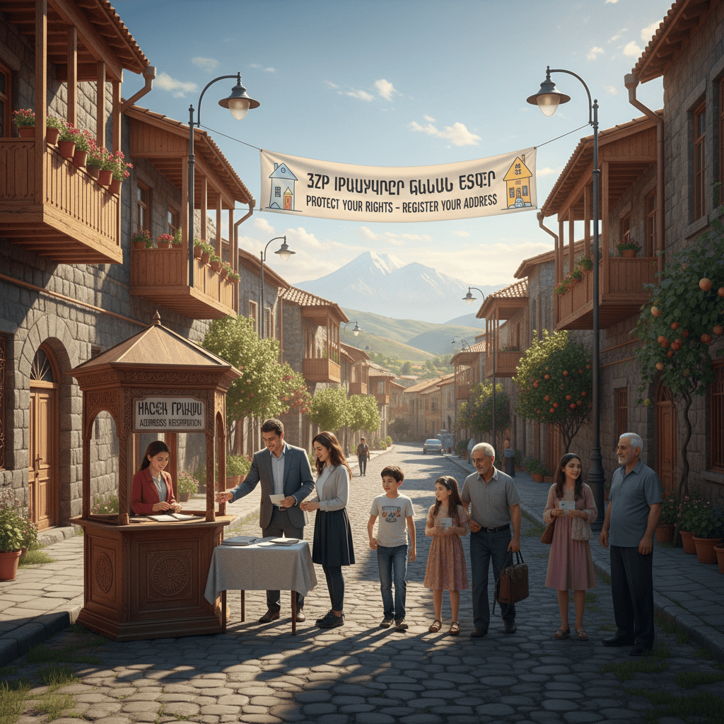 Тихая жилая улица с традиционными армянскими домами и зеленью.