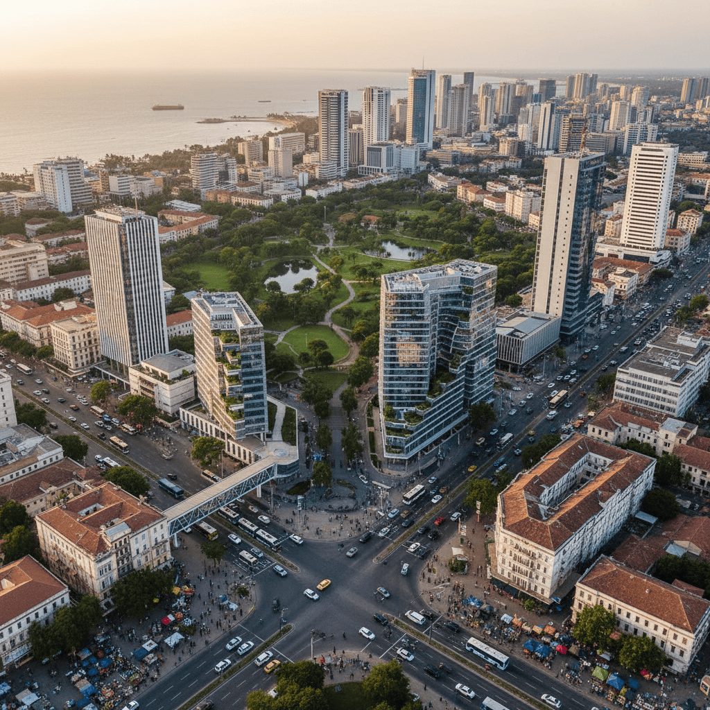 Aerial view of a vibrant urban landscape in Mozambique with business areas and greenery.