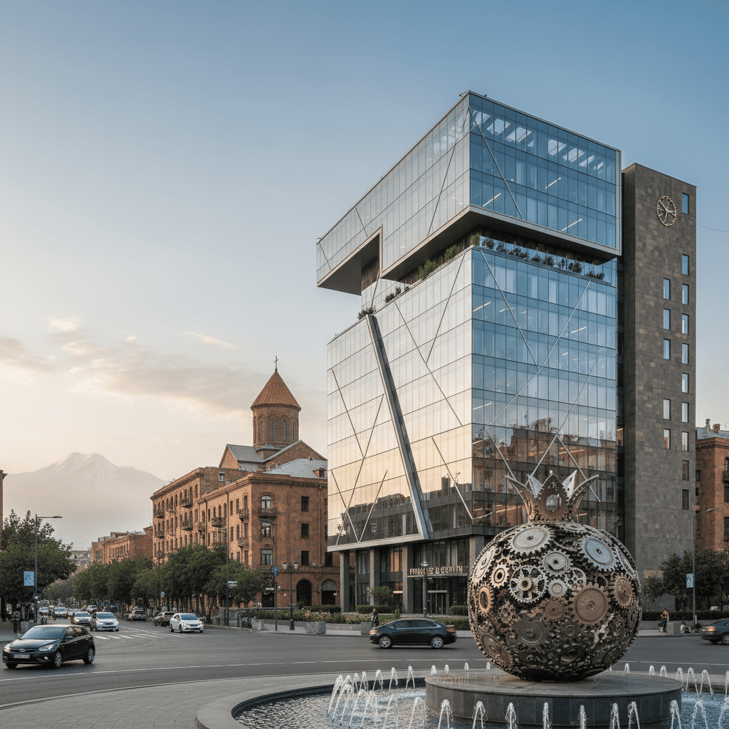Moderno edificio de oficinas en Ereván con arquitectura armenia visible al fondo.