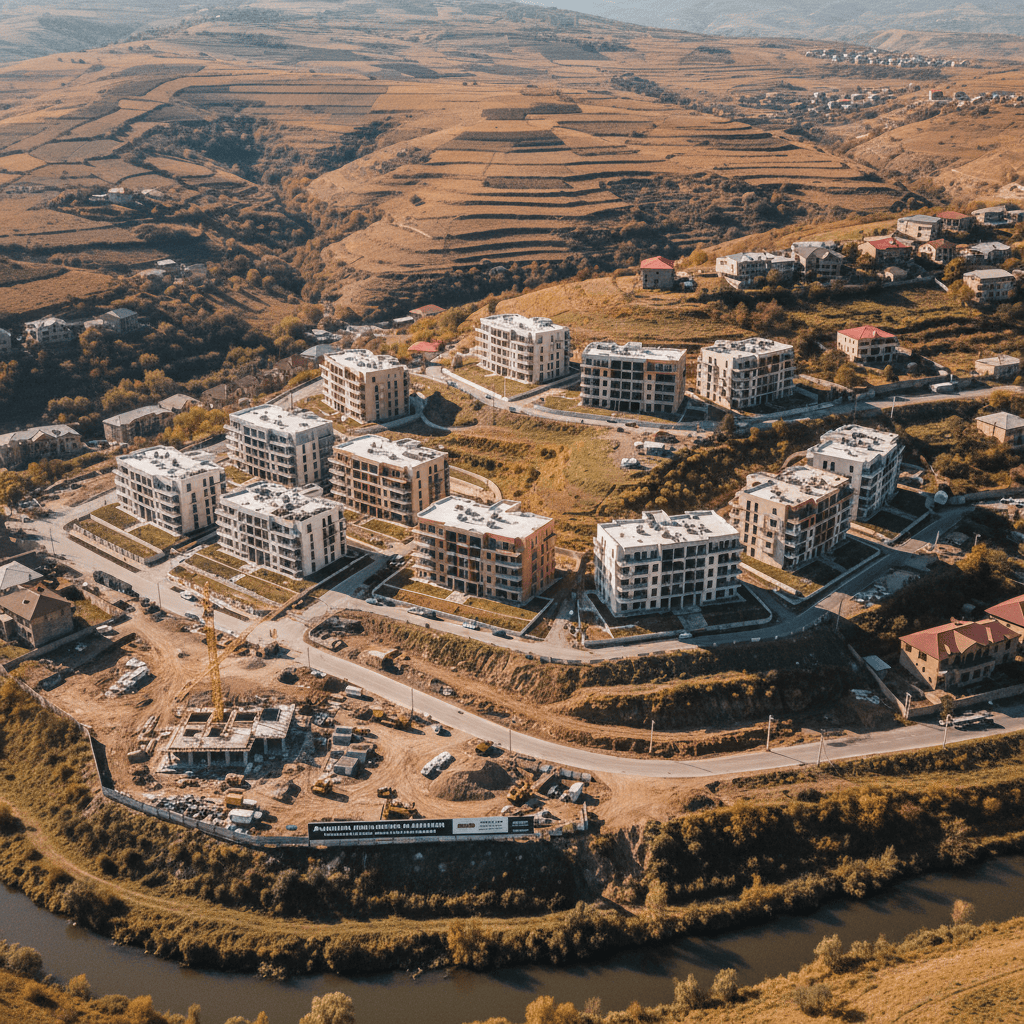 نمای هوایی از چشم‌انداز ارمنستان با ساختمان‌های مسکونی و تپه‌ها.