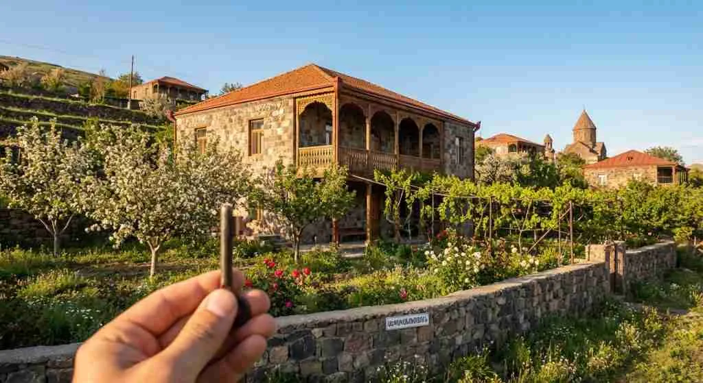 हरियाली से घिरा पारंपरिक अर्मेनियाई घर, संपत्ति के स्वामित्व का प्रतिनिधित्व करता है।