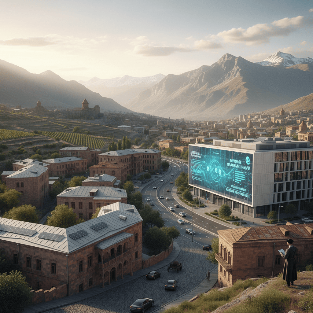 Vista de una ciudad armenia con arquitectura tradicional y montañas al fondo.