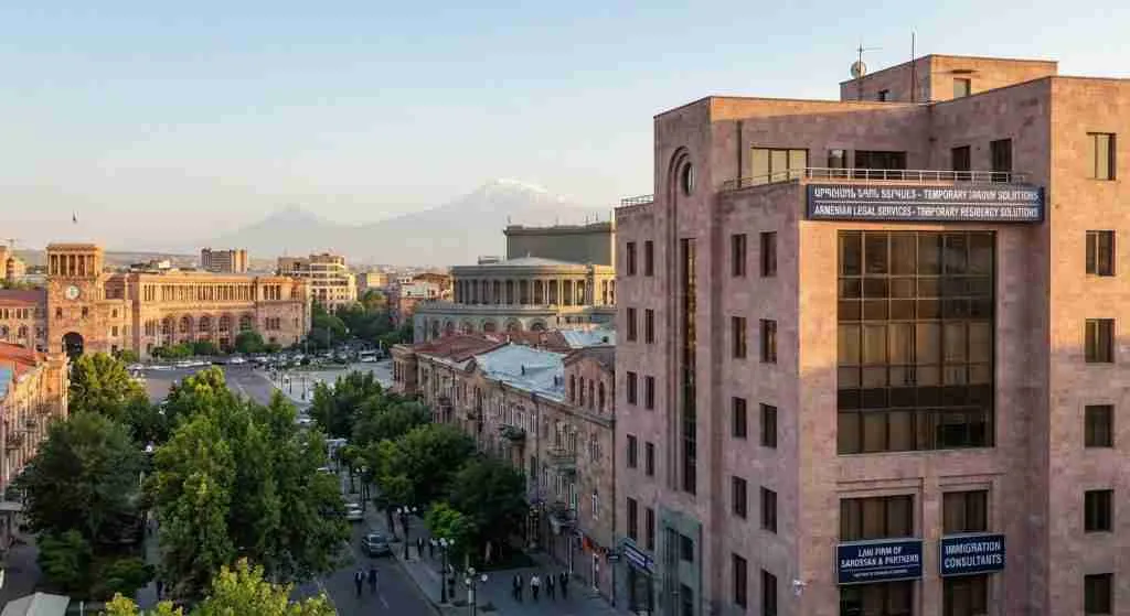 Armenian cityscape with historical landmarks and modern architecture, reflecting stability and legal opportunities.