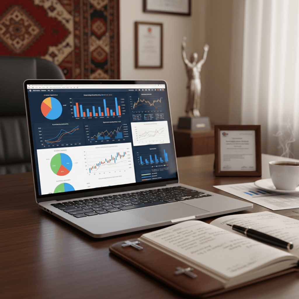 Un espacio de trabajo con gráficos financieros en un ordenador portátil y un bloc de notas, ambientado en una oficina armenia.
