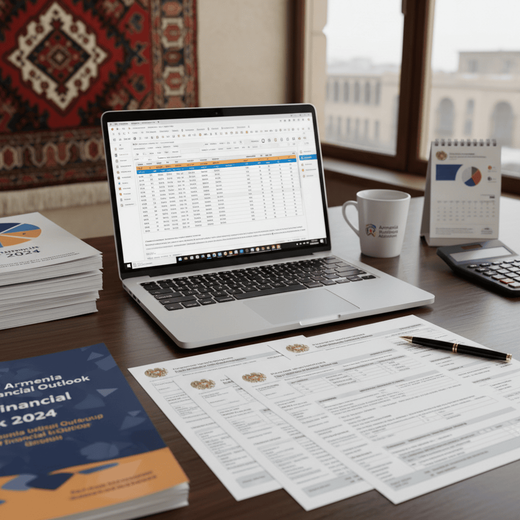 An office desk with financial documents, a laptop, and tax forms arranged on it.