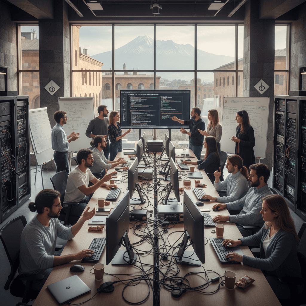 Escritório moderno com diversos profissionais colaborando em projetos de tecnologia na Armênia.