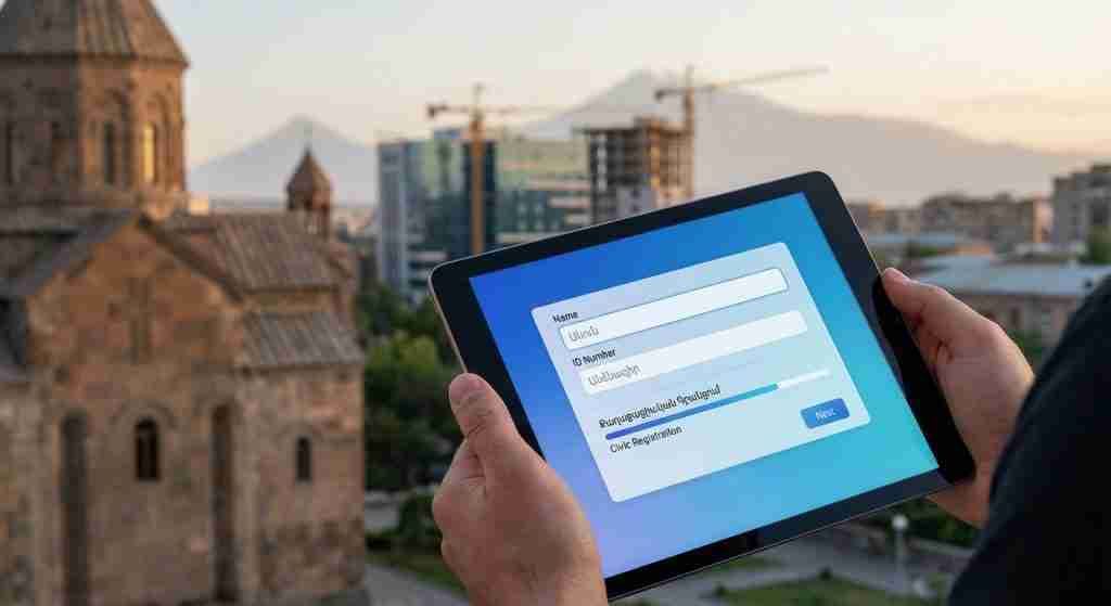 Ein digitales Gerät, das eine Benutzeroberfläche zur Adressregistrierung vor dem Hintergrund einer armenischen Stadtkulisse zeigt.
