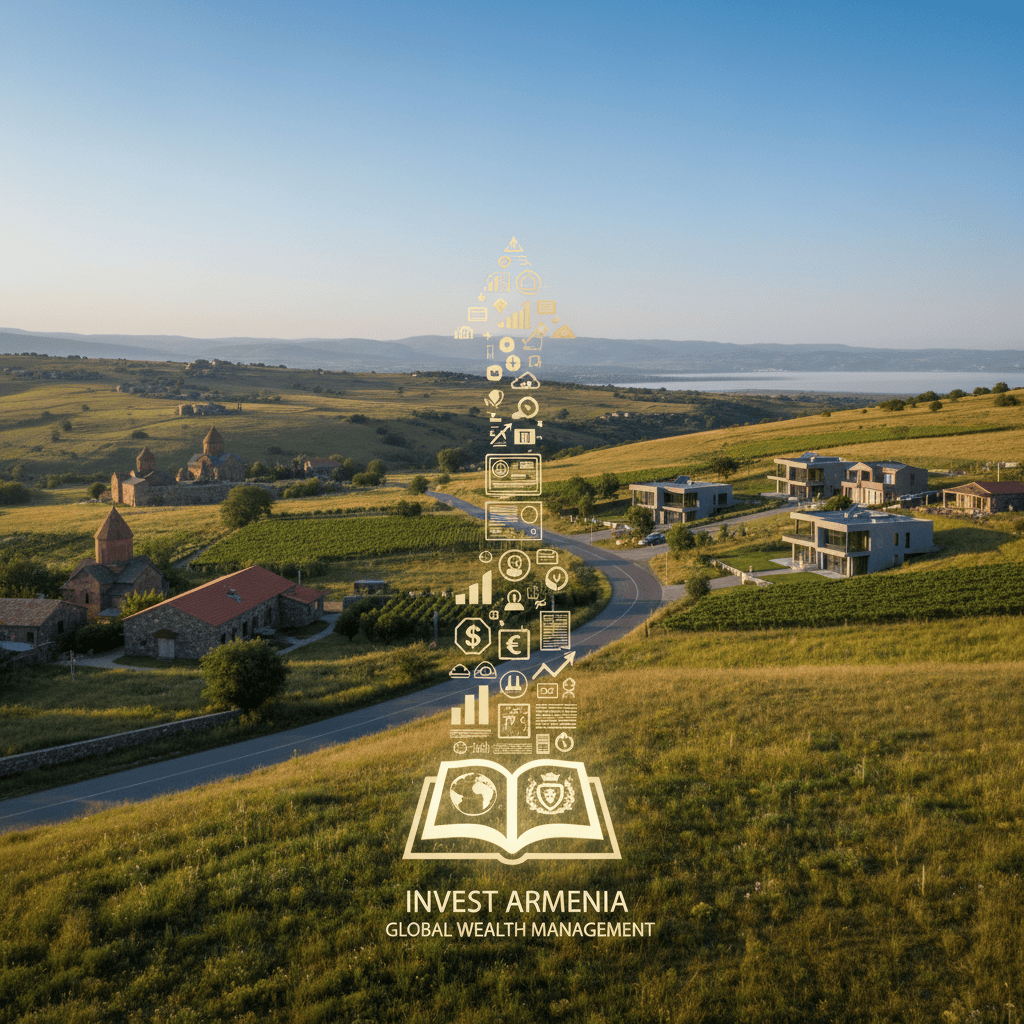 Paisaje rural armenio con colinas onduladas y arquitectura tradicional.