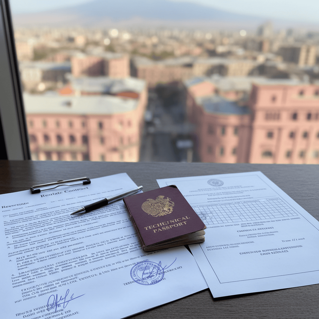 Documentos inmobiliarios sobre una mesa con un paisaje urbano de fondo.