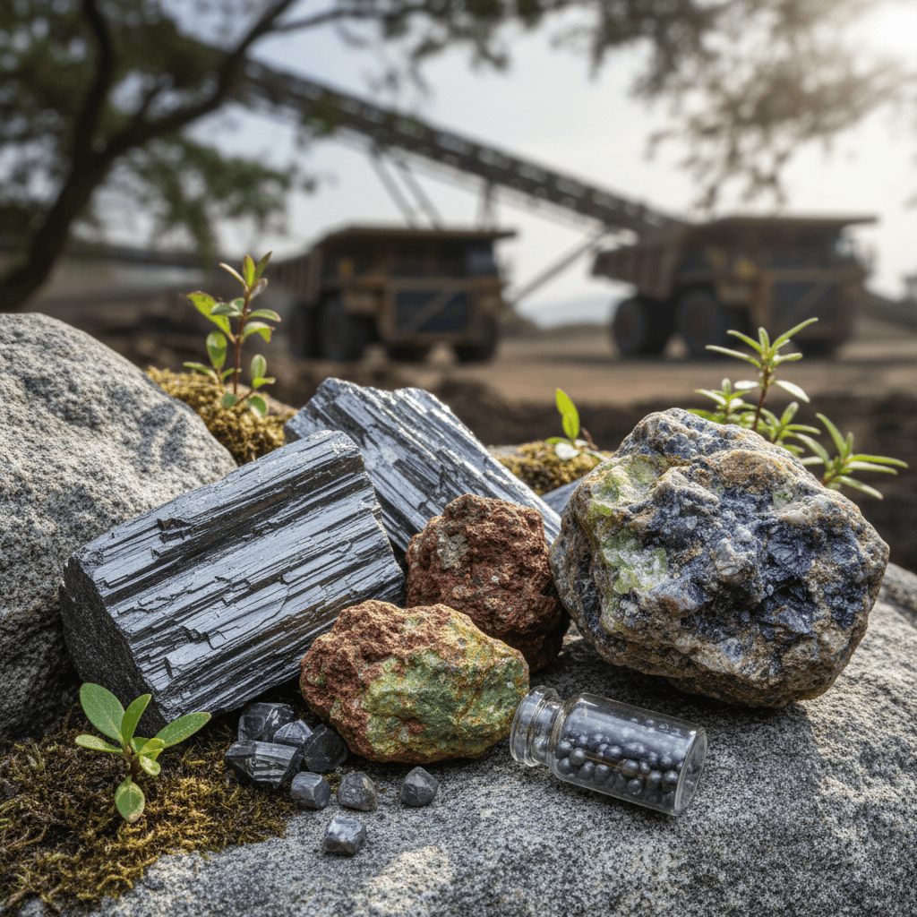 Close-up of graphite and rare earth minerals with subtle mining elements in the background.