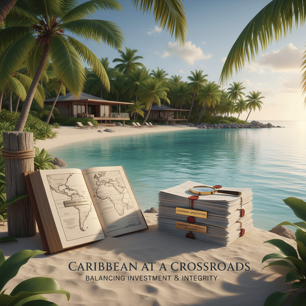 Lussureggiante paesaggio caraibico con acque turchesi e palme.