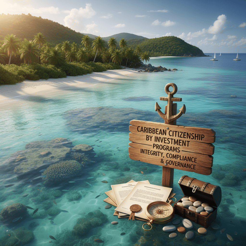 Pemandangan pesisir pulau Karibia dengan air jernih dan tanaman hijau.