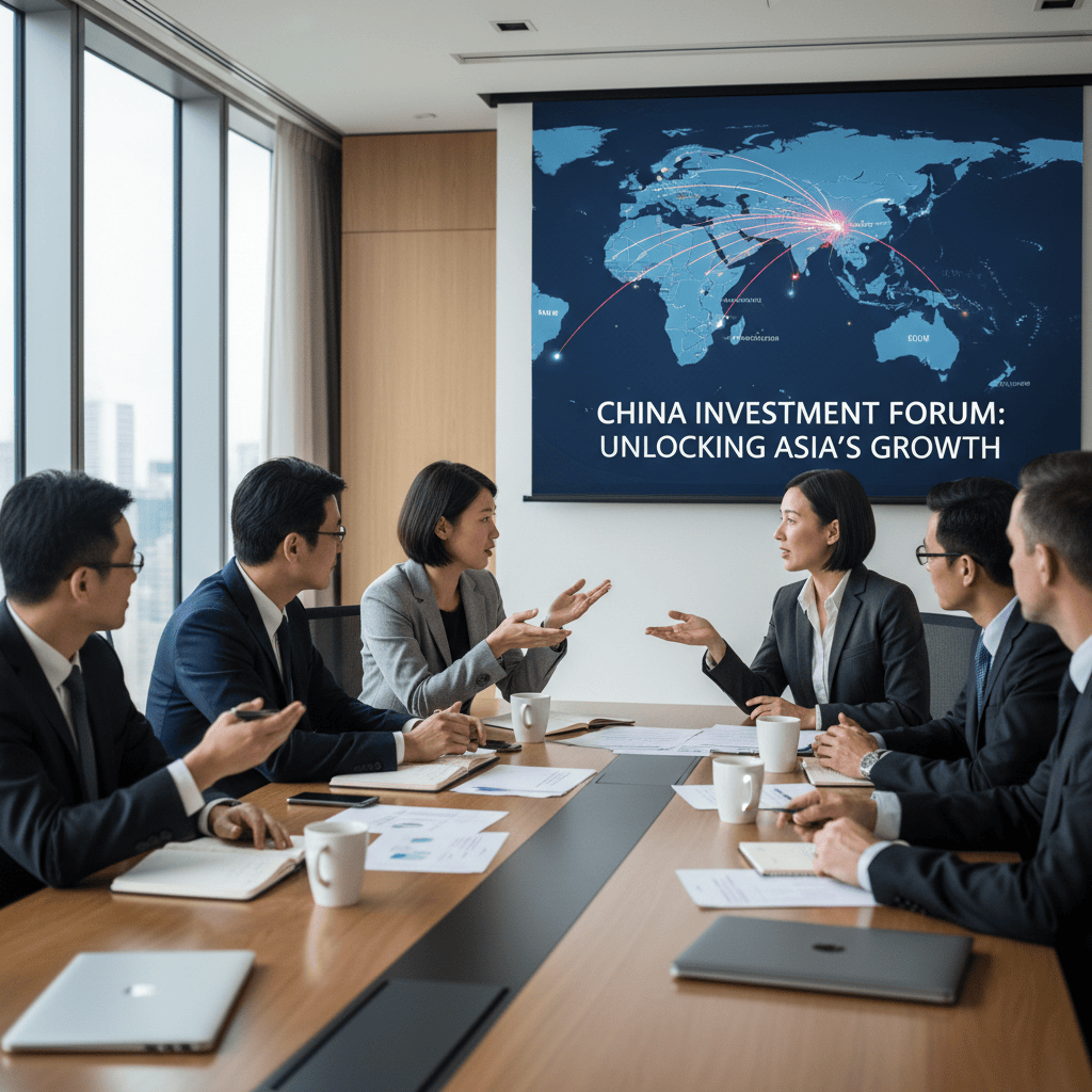 Para profesional bisnis berkolaborasi dalam strategi investasi dengan peta perdagangan Asia di latar belakang.