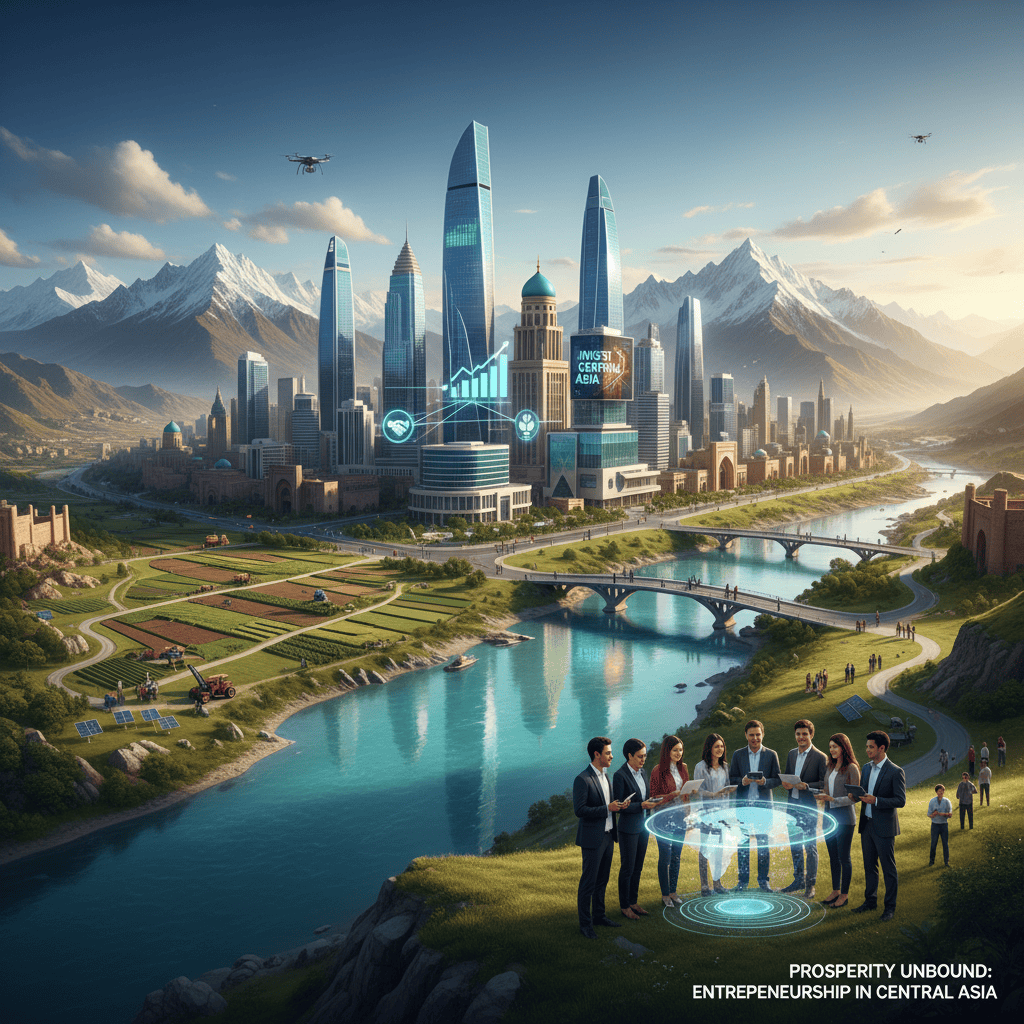 शहरी क्षितिज और पहाड़ों के साथ मध्य एशिया के विविध परिदृश्य।