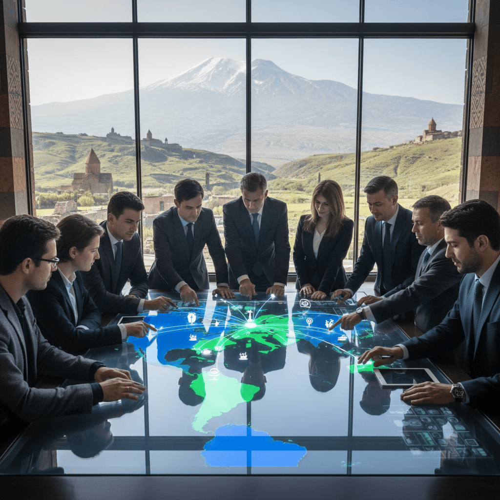 Professionals collaborate over a digital map representing EU-LAC cross-border collaboration.