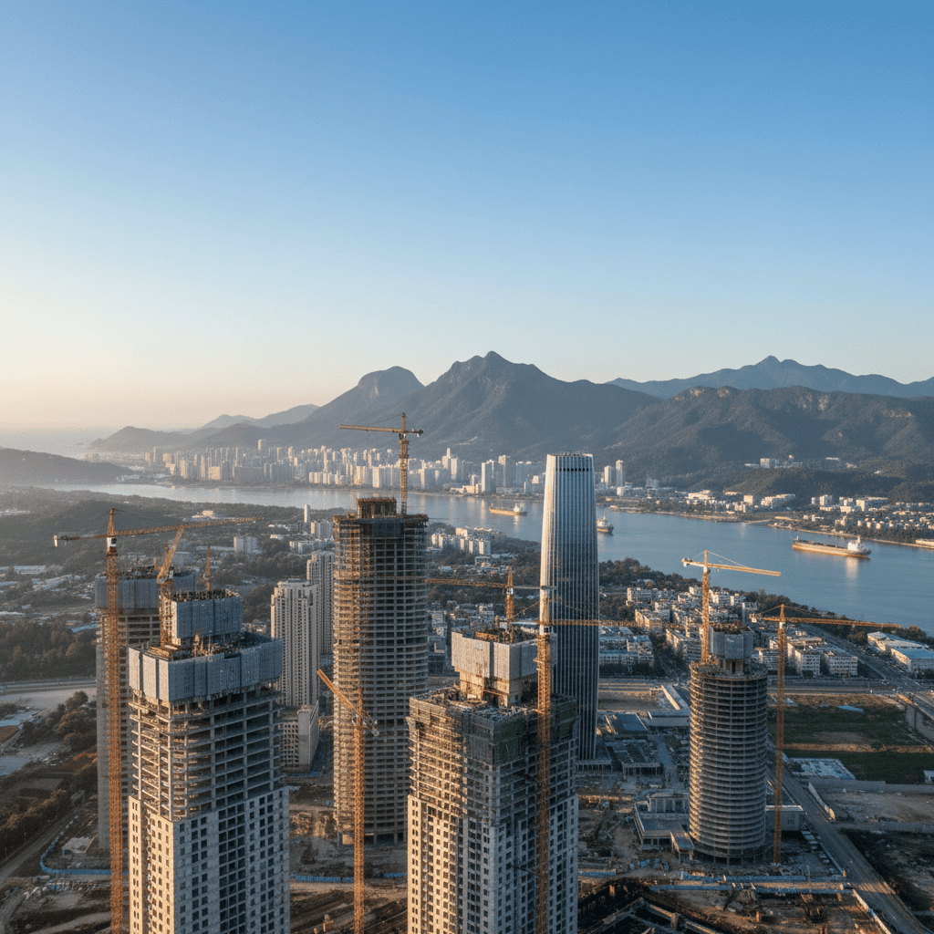 City skyline with construction cranes in an emerging market, surrounded by hills under a clear sky.
