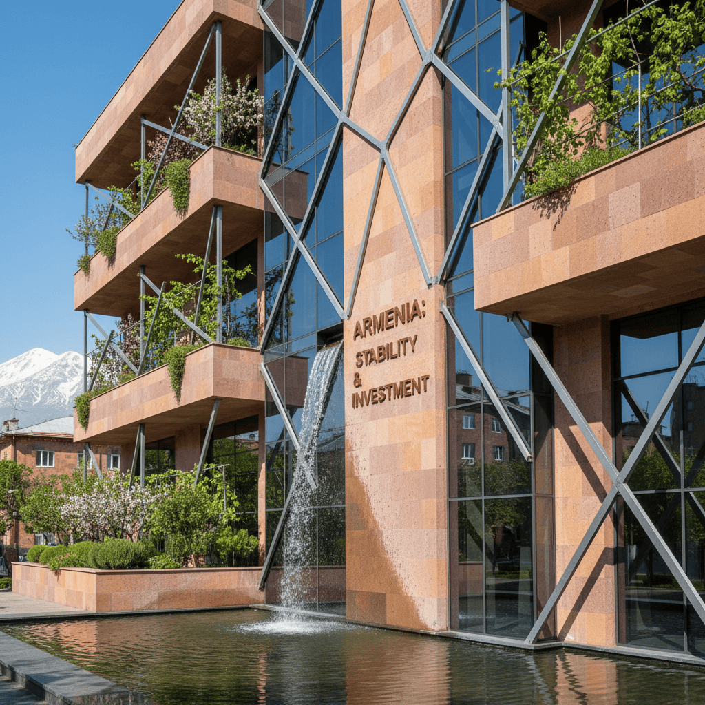 Modern architectural building amidst greenery, representing investment options in Armenia.