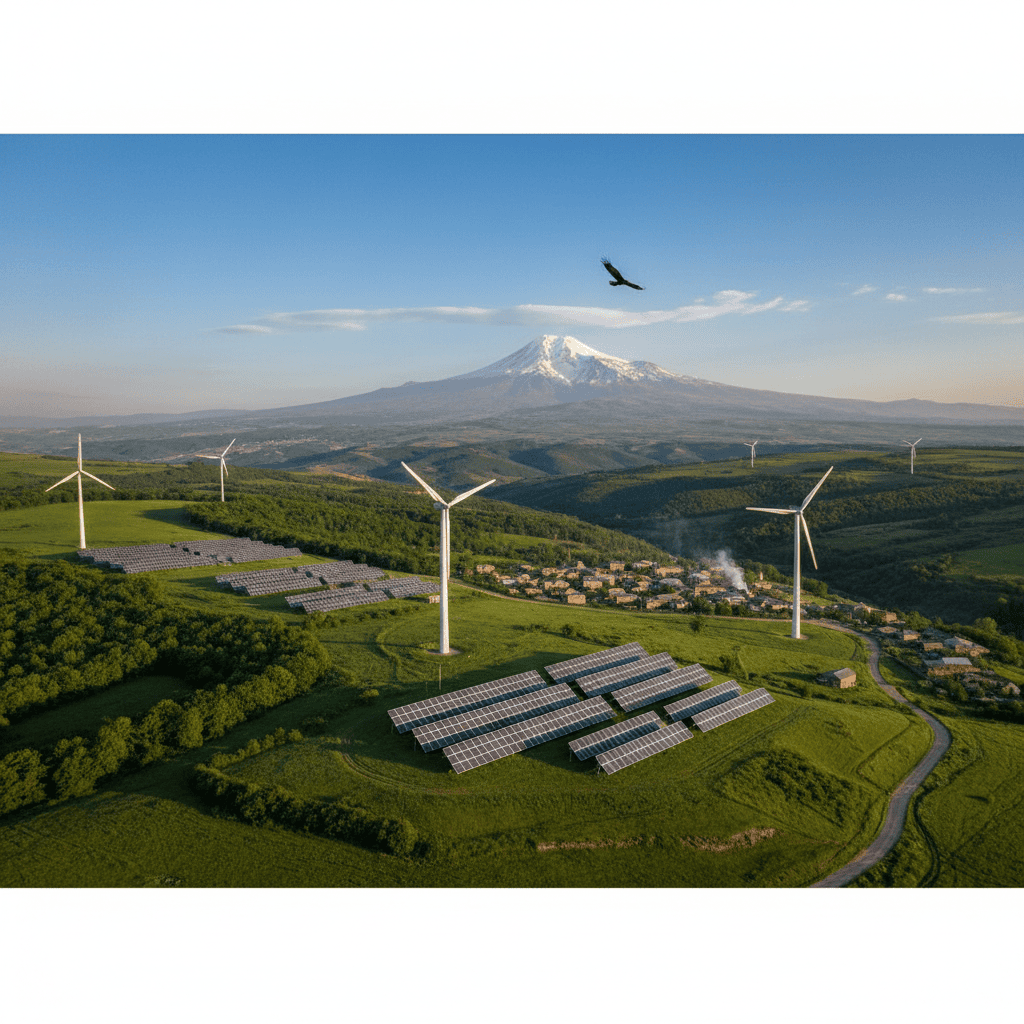 Scenic landscape with greenery, solar panels, and wind turbines under a clear sky