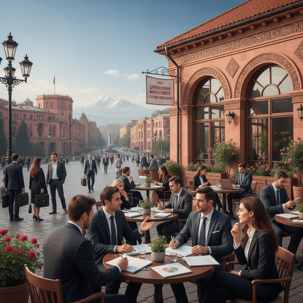 Sebuah kafe yang ramai di Yerevan dengan orang-orang yang terlibat dalam diskusi tentang peluang investasi.