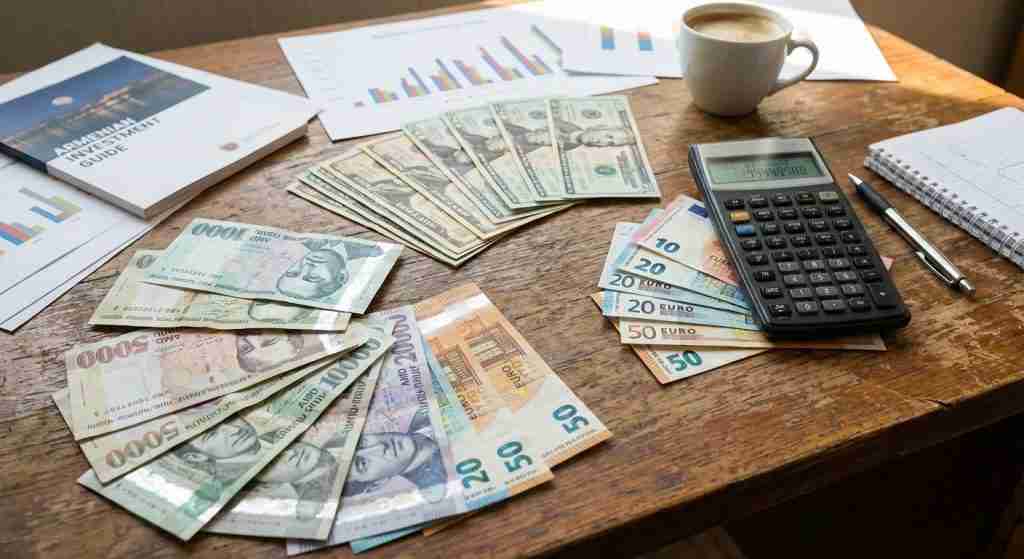 AMD, USD और EUR के करेंसी नोट एक डेस्क पर कैलकुलेटर और वित्तीय दस्तावेजों के साथ रखे गए हैं।