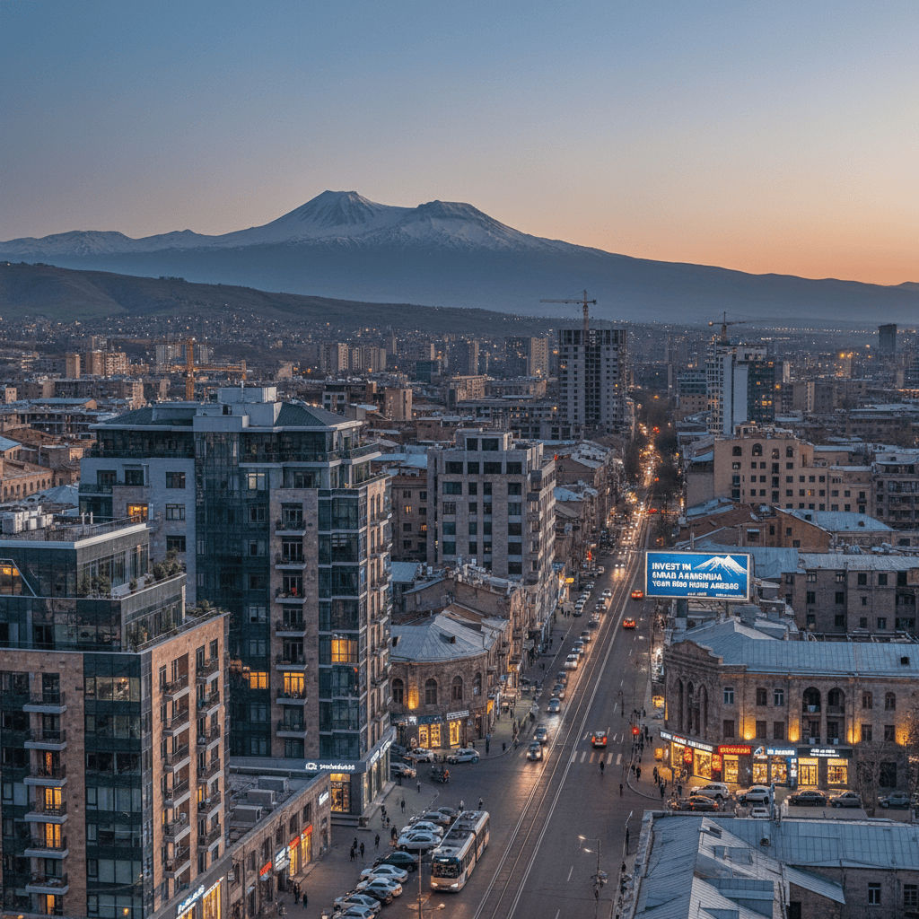 A view of residential and commercial buildings in an Armenian city.
