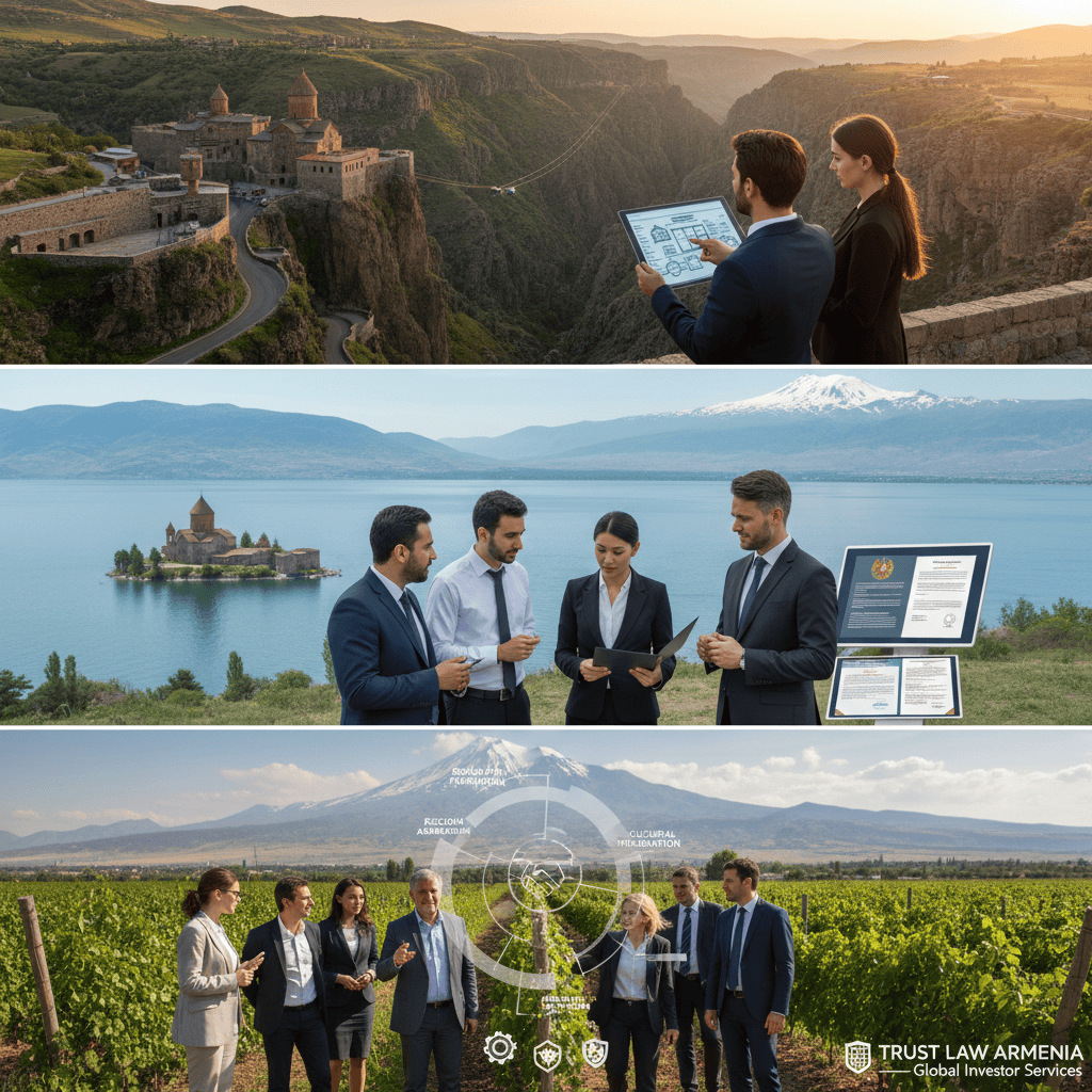 Scenic Armenian landscape featuring historical architecture and lush nature, symbolizing investment opportunities.
