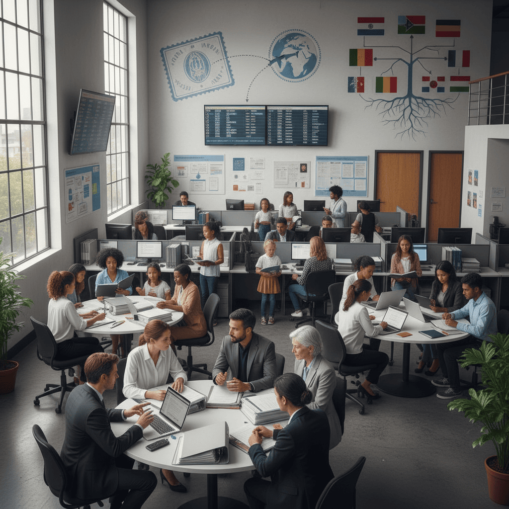 A team of legal professionals collaborating in an immigration office setting with various documents around.