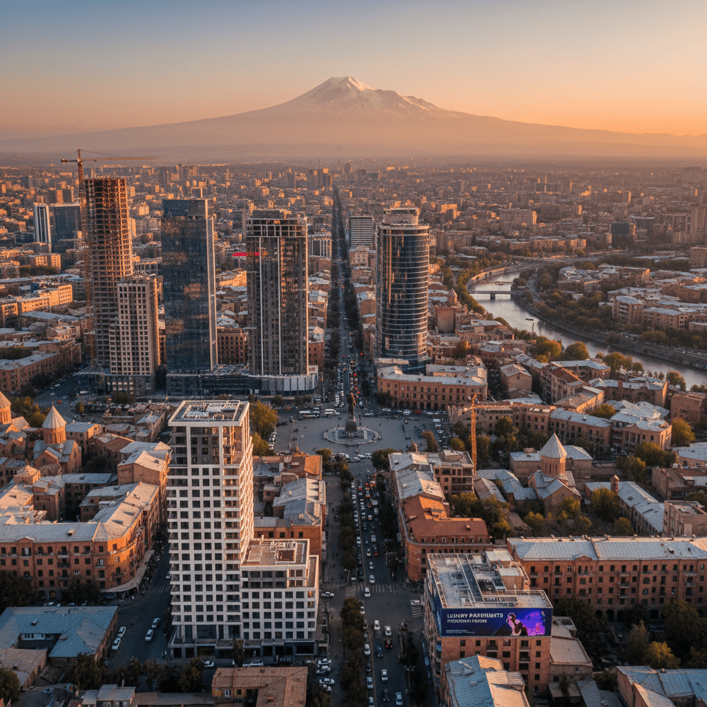 A bustling urban cityscape in Armenia with modern and traditional architecture.