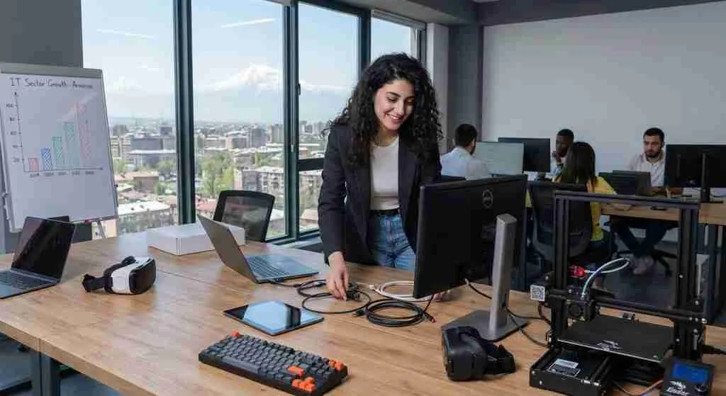 A modern tech office with a young professional organizing their workspace, showcasing Armenian tech environment.