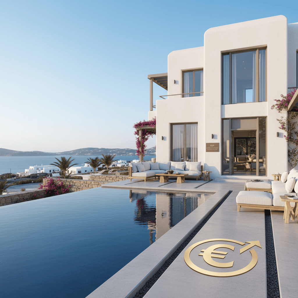 Moderna propiedad residencial griega con vistas panorámicas del paisaje.