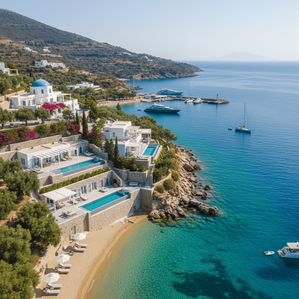 आश्चर्यजनक वास्तुकला और साफ़ नीले पानी के साथ ग्रीस का तटीय दृश्य।