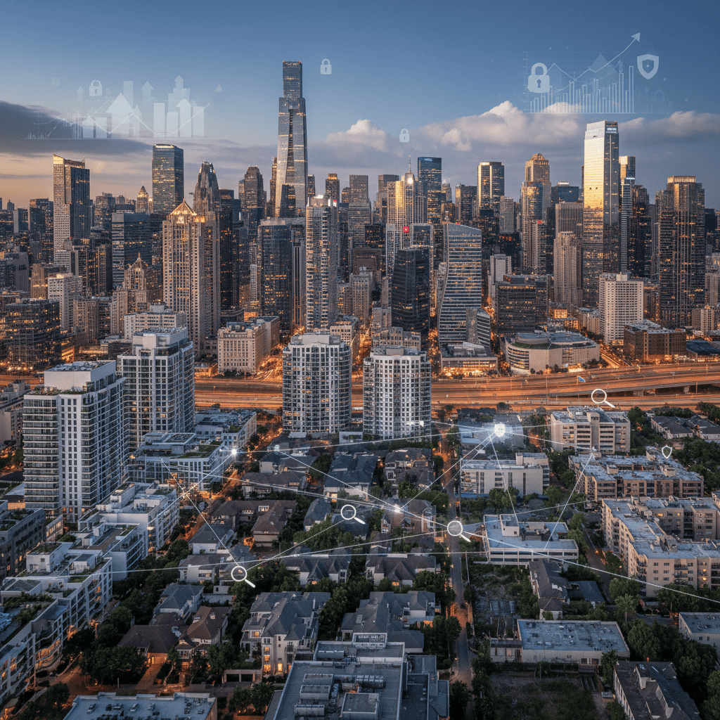 Uma paisagem urbana que destaca modernos edifícios financeiros e diversos tipos de imóveis em primeiro plano.