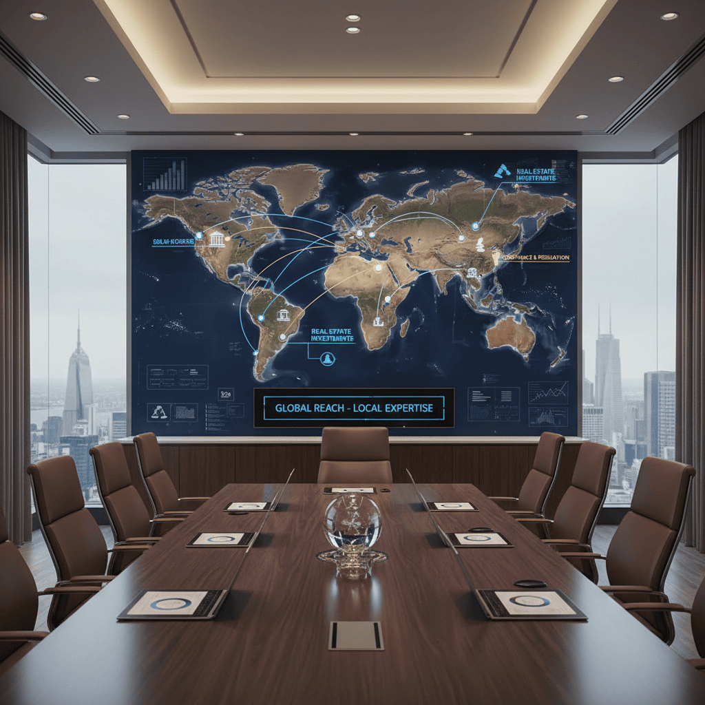 A conference room with a global map depicting international real estate connections.