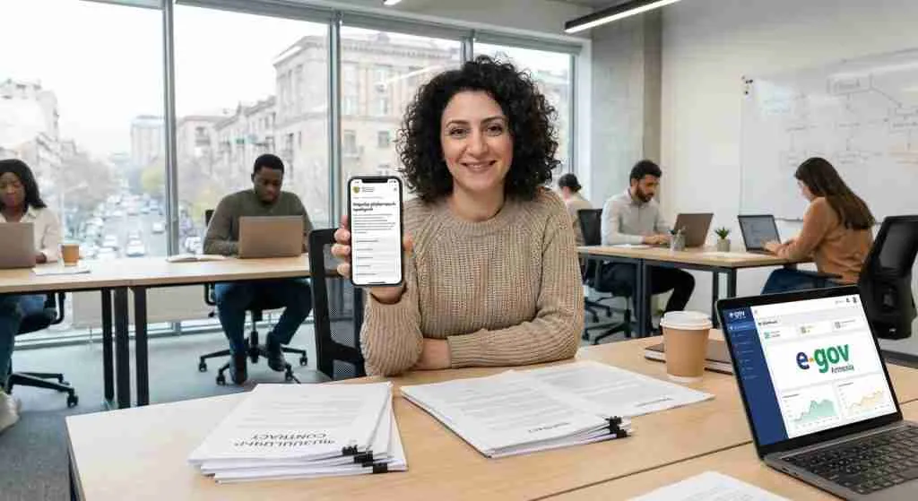 Persona que sostiene un teléfono inteligente en una oficina de Armenia, centrándose en los procesos digitales.