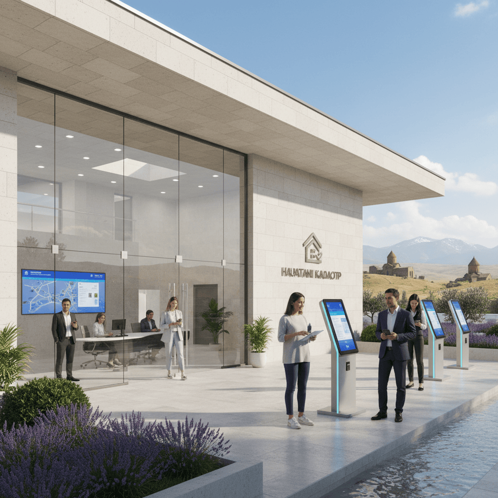 Exterior view of a Cadastre office in Armenia with people at kiosks and staff assisting.