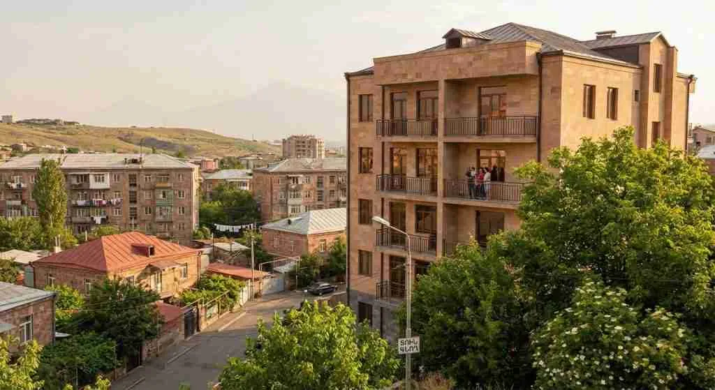 Ein malerisches armenisches Wohnviertel mit abwechslungsreicher Architektur und üppigem Grün.