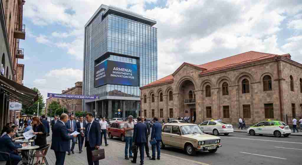 A vibrant Armenian cityscape blending modern and traditional architecture, bustling with activity.