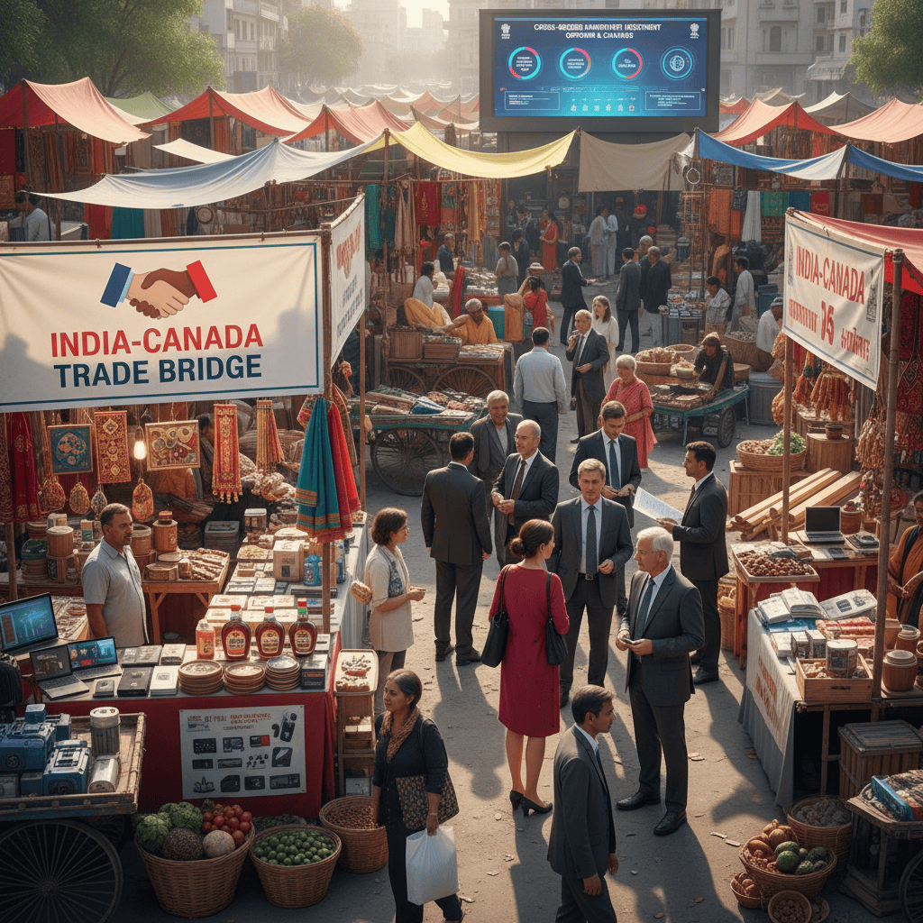 Mercado indiano vibrante com diversas barracas representando o comércio.