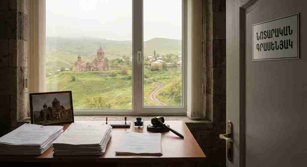 Armenian landscape with traditional architecture and a notary office desk.