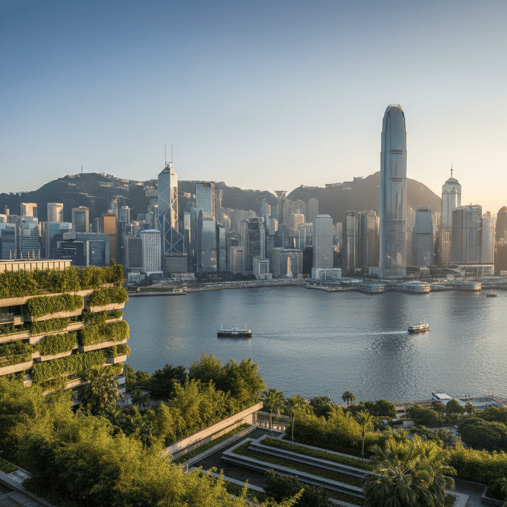 Modern skyline of Hong Kong featuring glass buildings in the financial district.