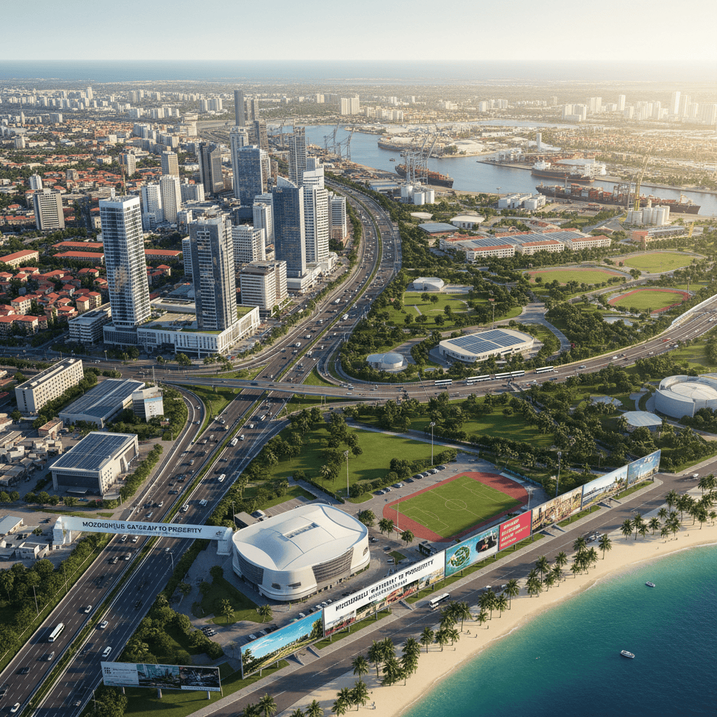 منظر جوي لمدينة أفريقية حديثة ذات بنية تحتية ومساحات خضراء.