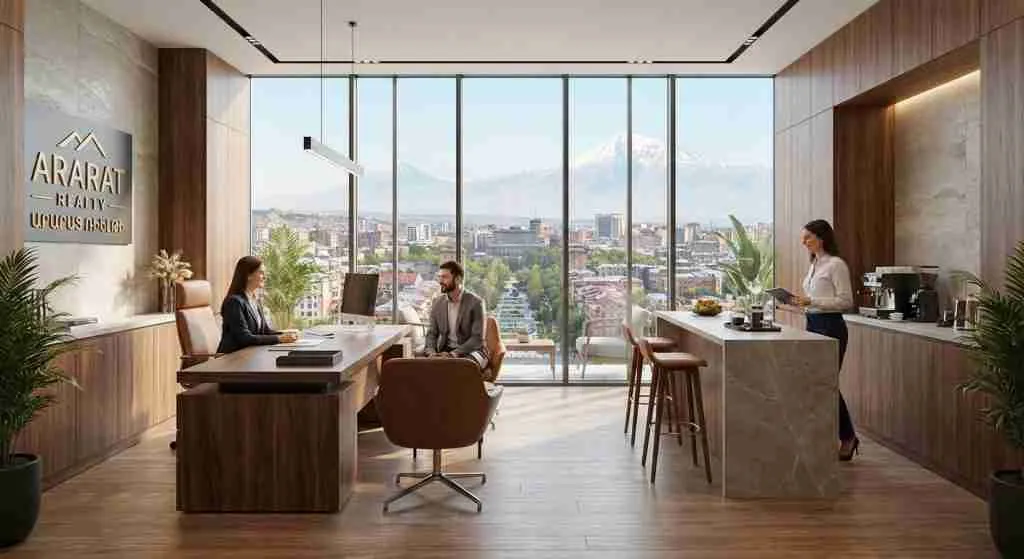 A contemporary real estate office in Yerevan with city views, emphasizing a professional environment.