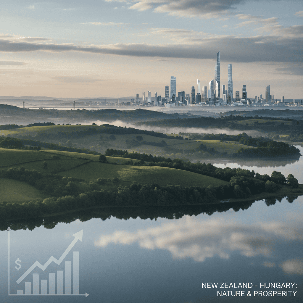 Pemandangan indah Selandia Baru dengan perbukitan dan danau, di samping cakrawala kota yang mewakili Hongaria.