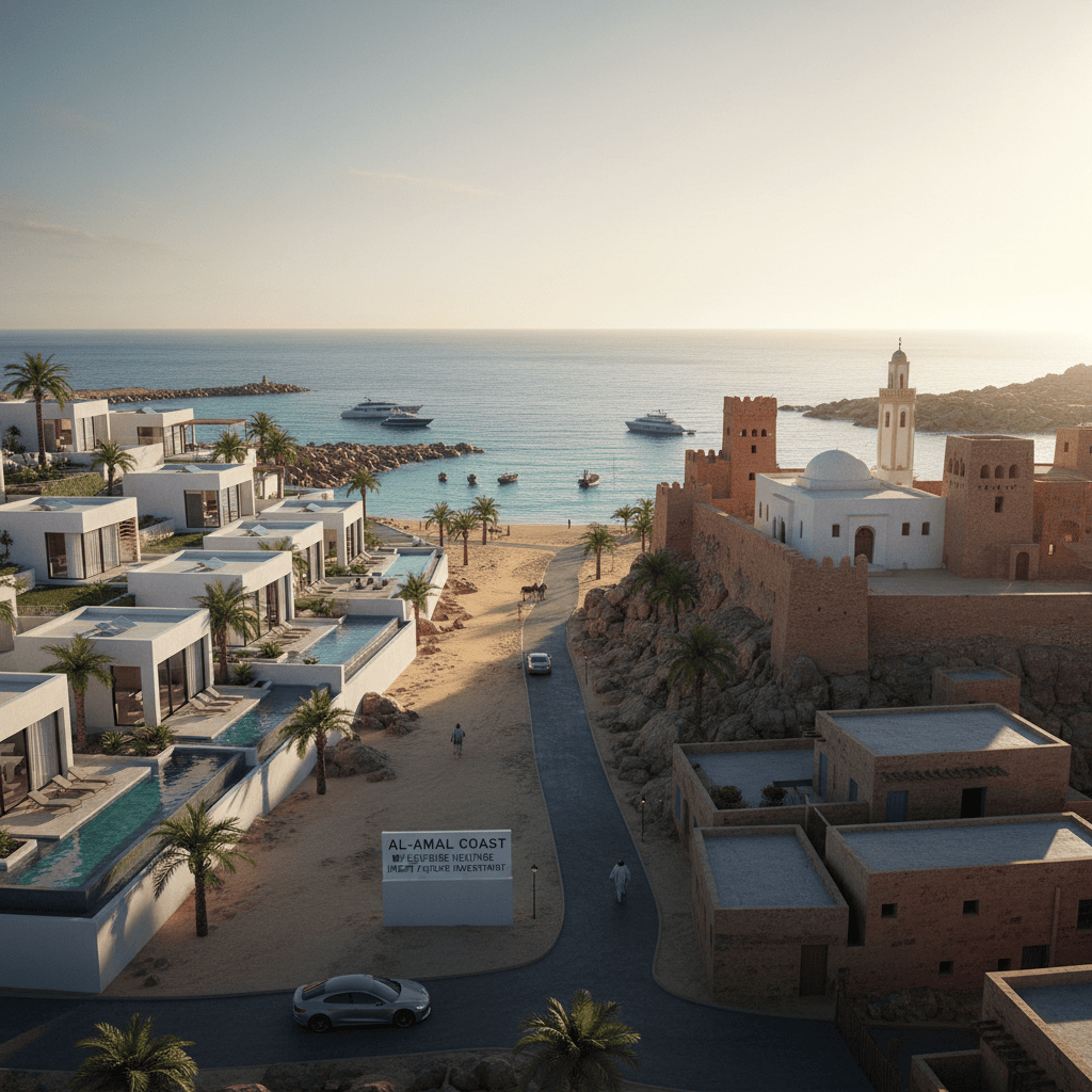 Bentang alam pesisir dengan bangunan modern dan arsitektur tradisional di Afrika Utara.