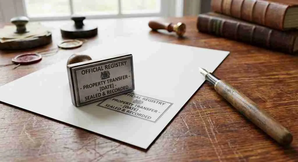 संपत्ति हस्तांतरण दस्तावेज़ पर पंजीकरण स्टाम्प और पेन का क्लोज-अप।