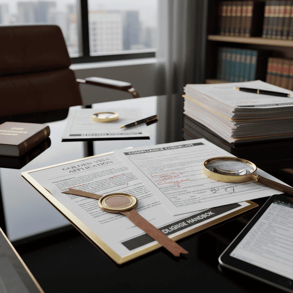 A close-up of documents related to golden visa applications on a clean desk.