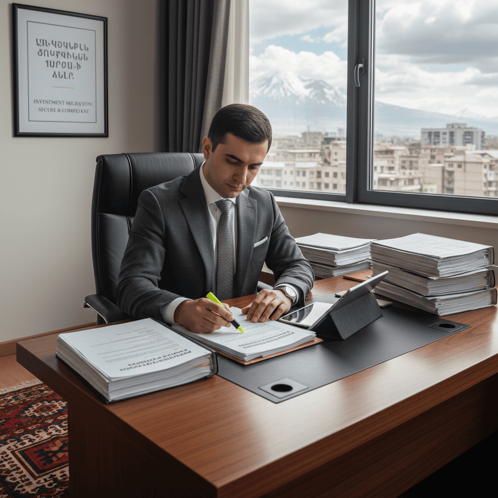 Prokureur ondersoek dokumente wat verband hou met die nakoming van beleggingsmigrasie in 'n kantoor.