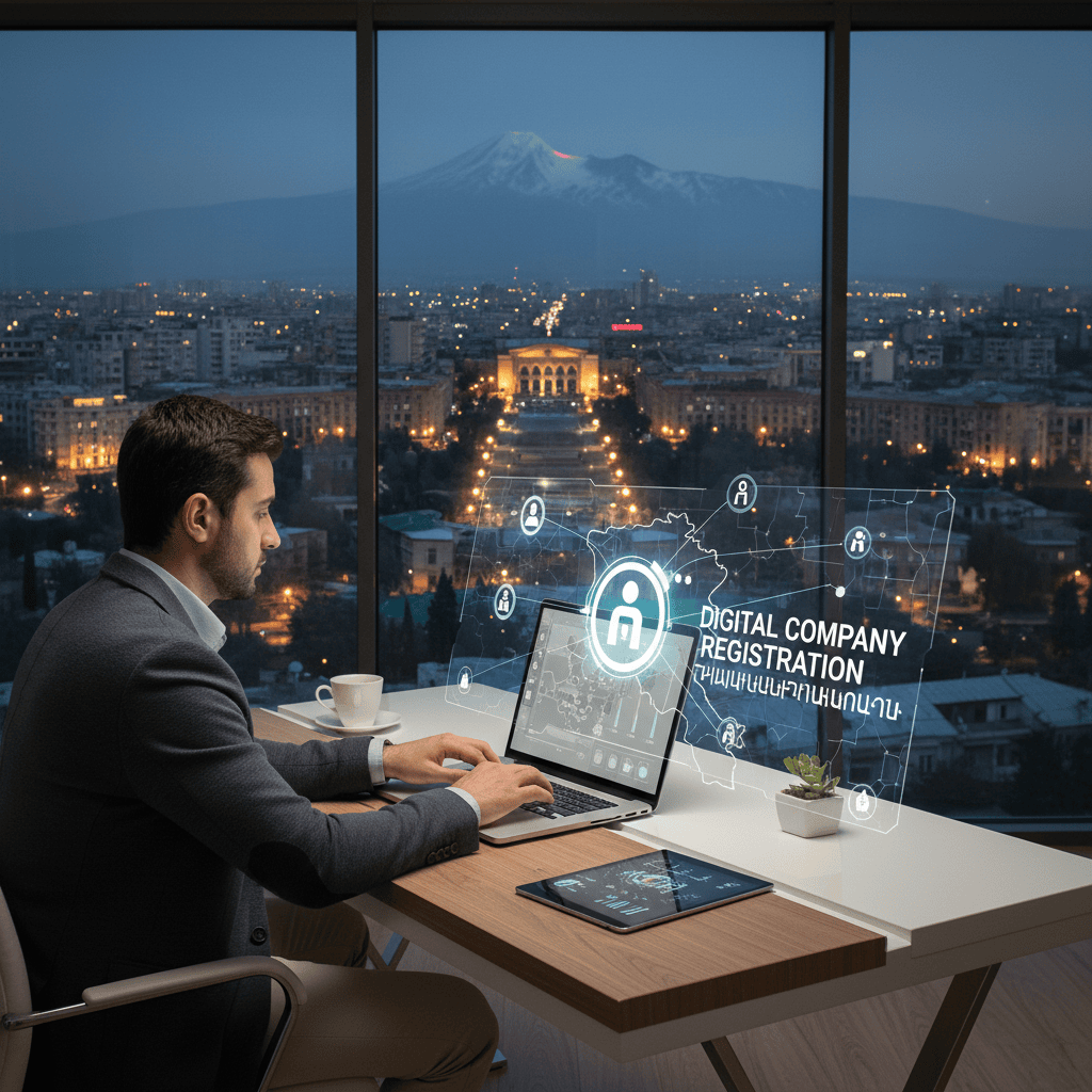 Man at a desk with a laptop and Armenian cityscape behind him.
