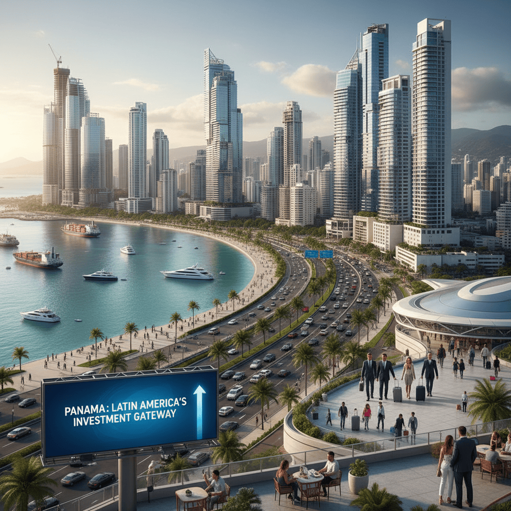 Panama City skyline showing modern architecture and coastal views, reflecting economic growth.