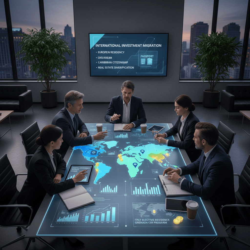 خبراء الأعمال يناقشون استراتيجيات الهجرة الاستثمارية والجداول الزمنية لها في بيئة مكتبية معاصرة.